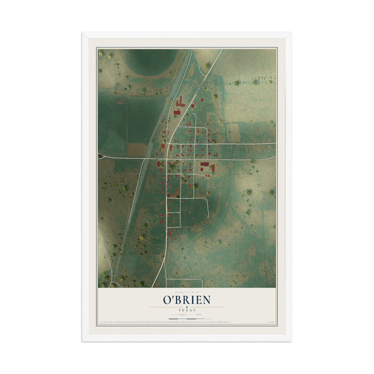 Map of O'Brien, Texas, 12 x 18 inch print in a white wood frame