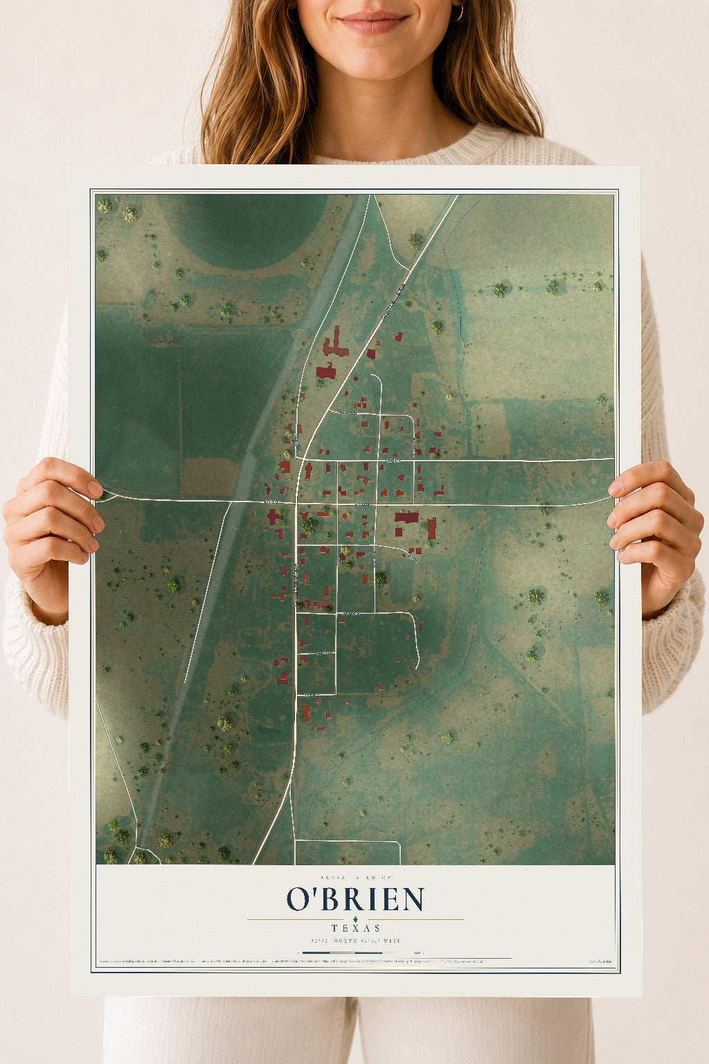 Map of O'Brien, Texas, 18 x 24 inch unframed archival matte print