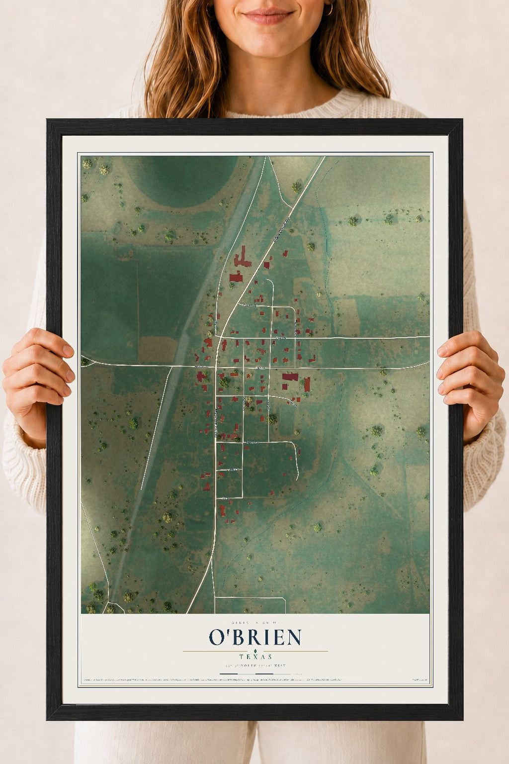 Map of O'Brien, Texas, 18 x 24 inch print in a black wood frame