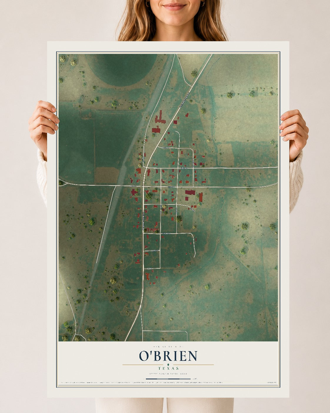 Map of O'Brien, Texas, 24 x 36 inch unframed archival matte print