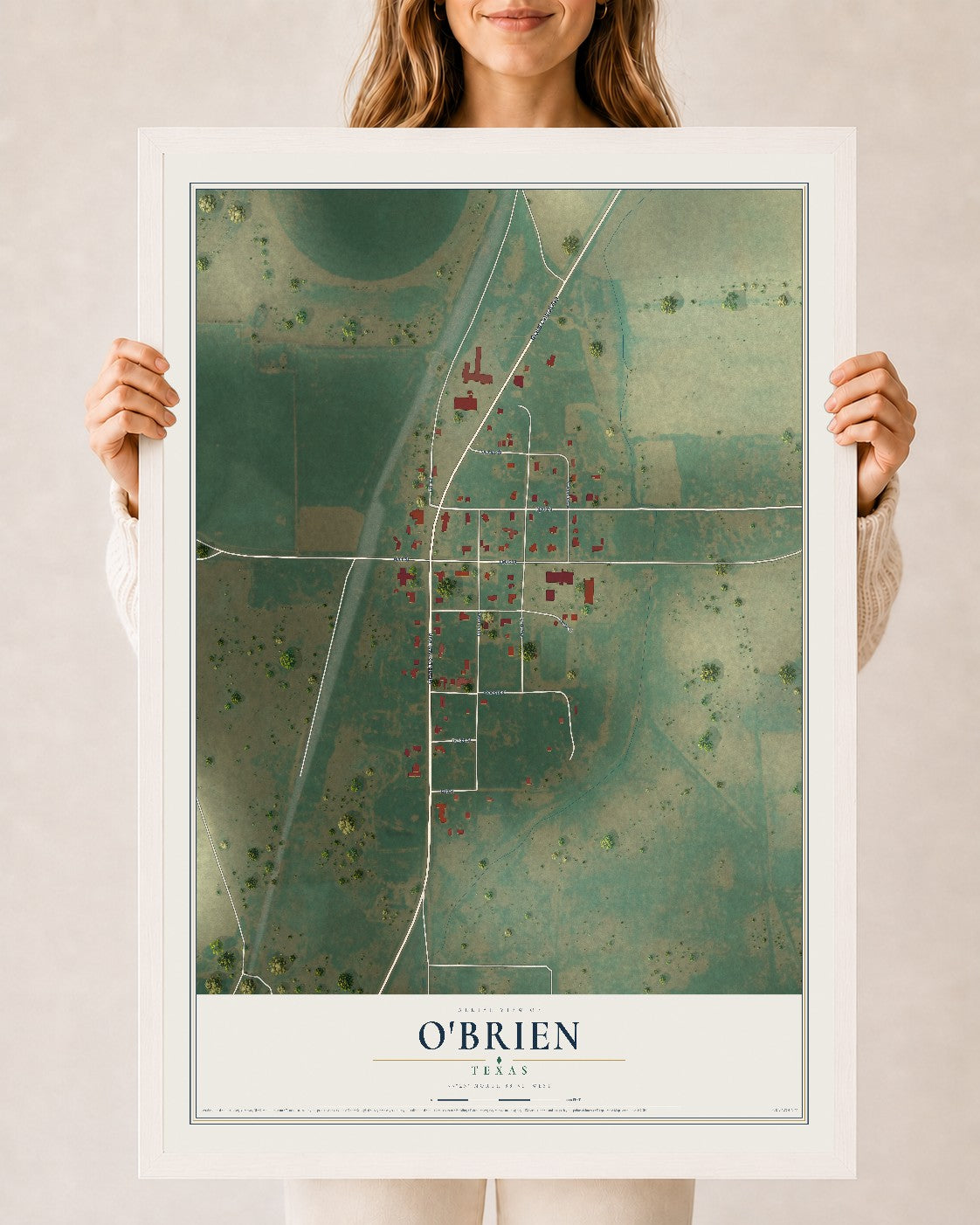 Map of O'Brien, Texas, 24 x 36 inch print in a white wood frame