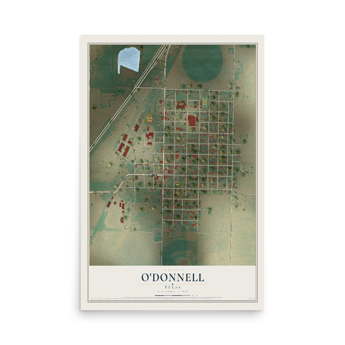 Map of O'Donnell, Texas, 12 x 18 inch unframed archival matte print