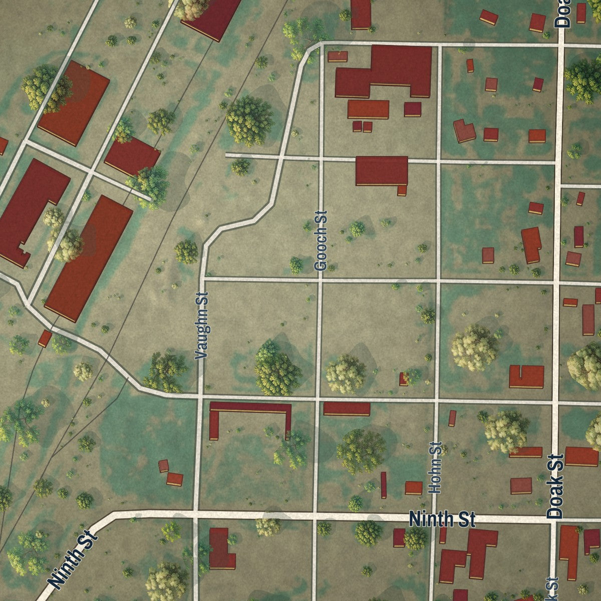 Second close-up of the map of O'Donnell, Texas print showing more streets and buildings