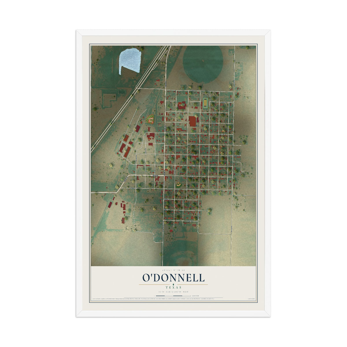 Map of O'Donnell, Texas, 12 x 18 inch print in a white wood frame