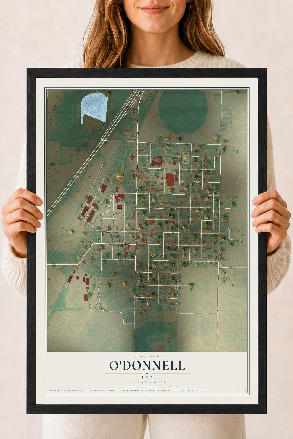 Map of O'Donnell, Texas, 18 x 24 inch print in a black wood frame