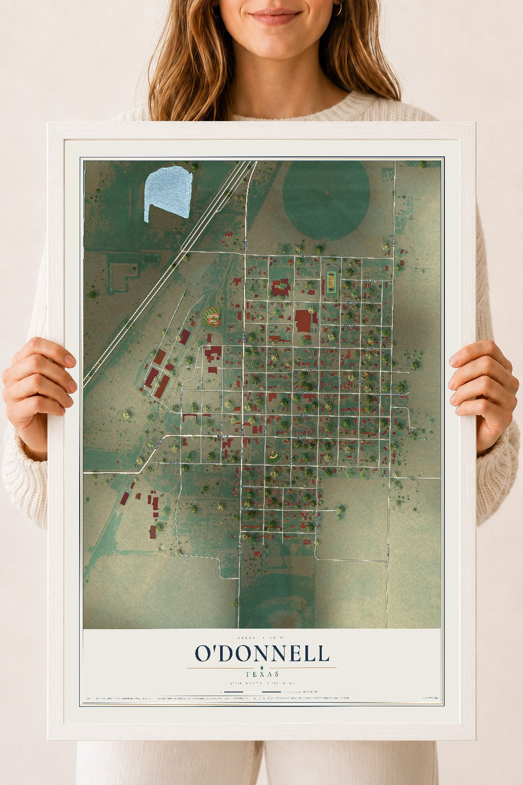Map of O'Donnell, Texas, 18 x 24 inch print in a white wood frame