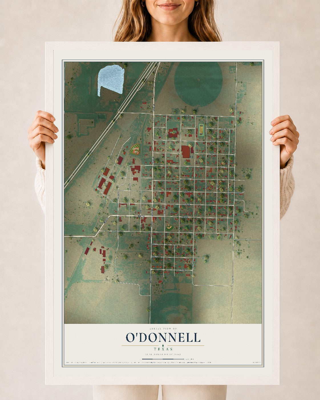 Map of O'Donnell, Texas, 24 x 36 inch print in a white wood frame