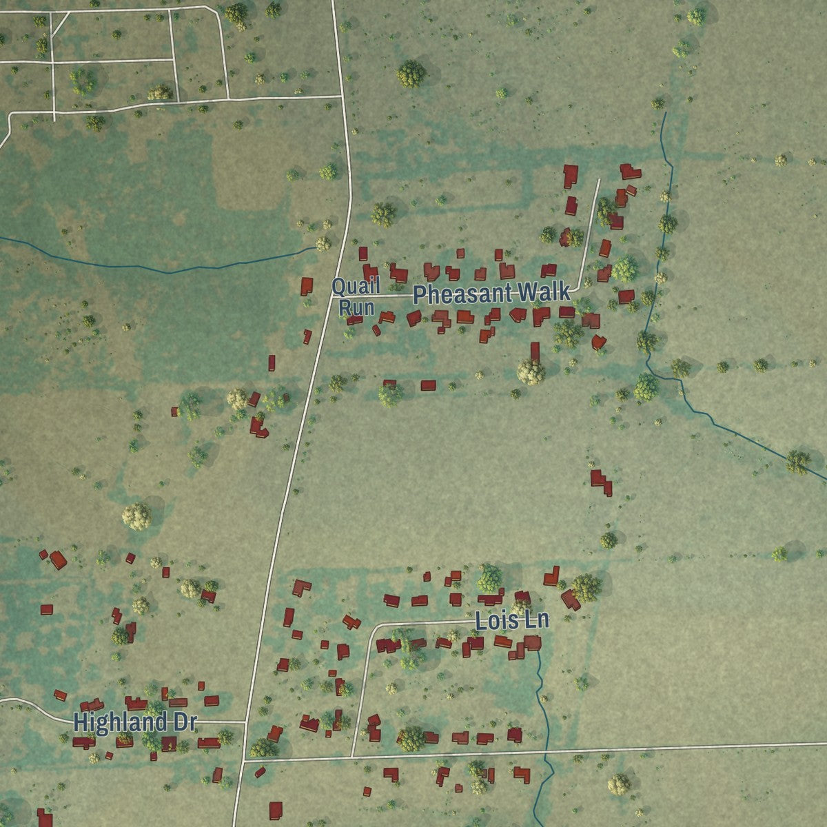 Close-up of the map of Oak Grove, Texas print showing street and building detail