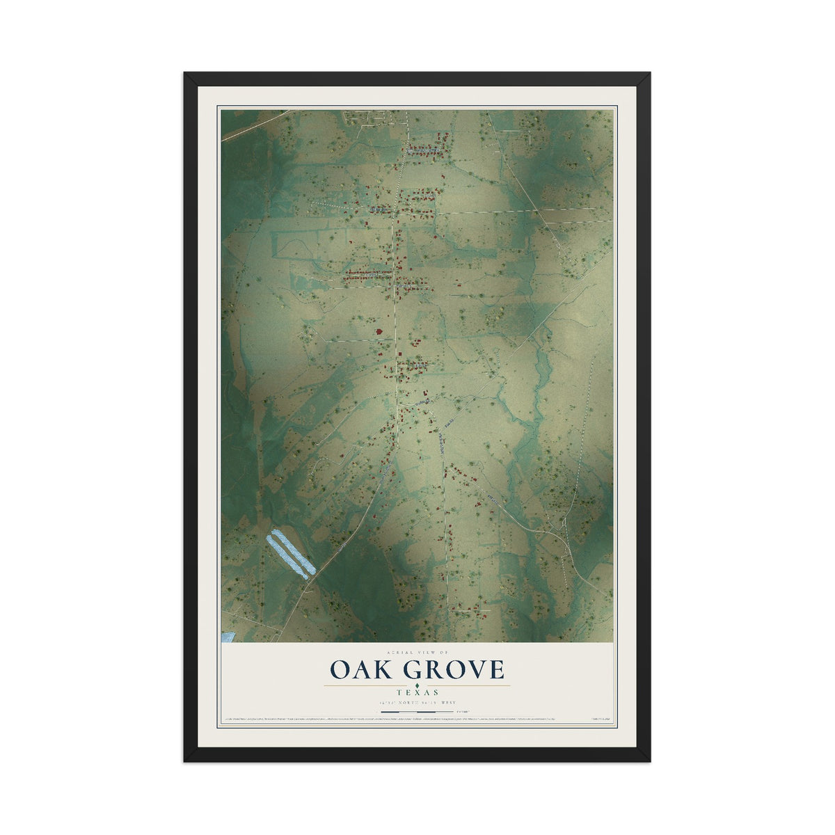 Map of Oak Grove, Texas, 12 x 18 inch print in a black wood frame