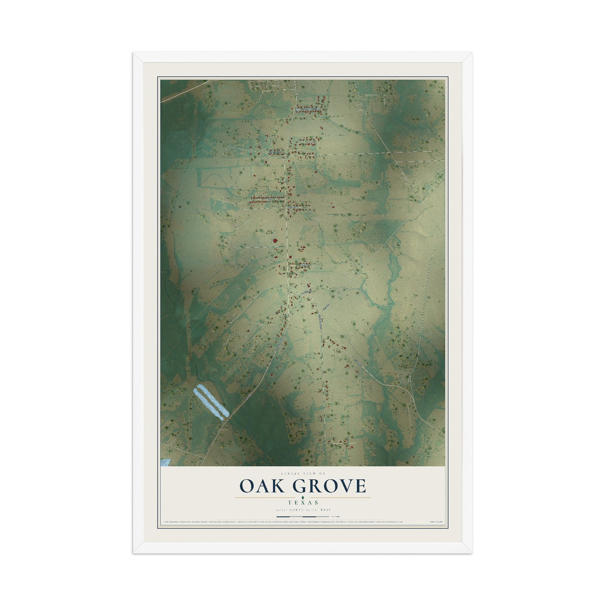 Map of Oak Grove, Texas, 12 x 18 inch print in a white wood frame