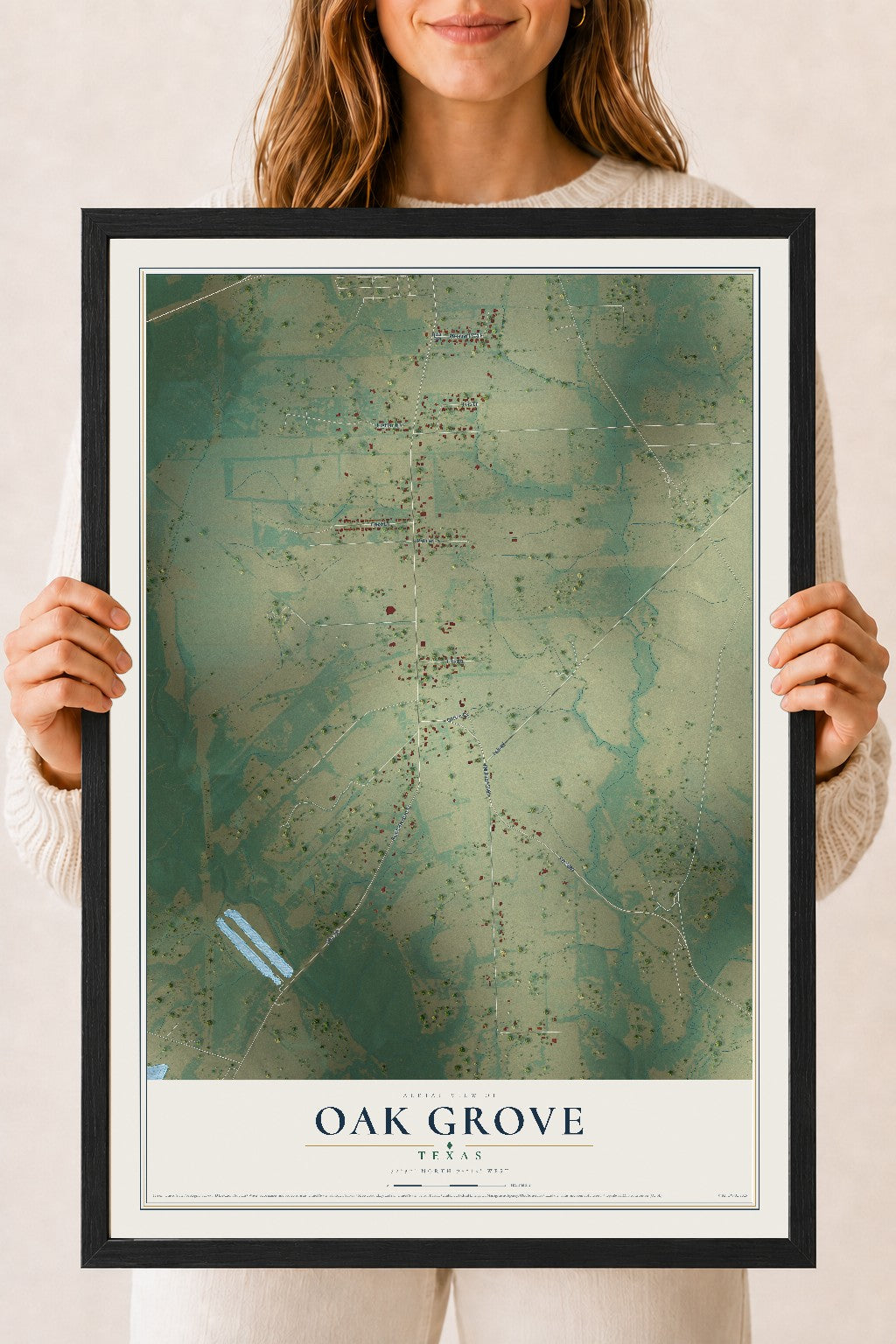 Map of Oak Grove, Texas, 18 x 24 inch print in a black wood frame