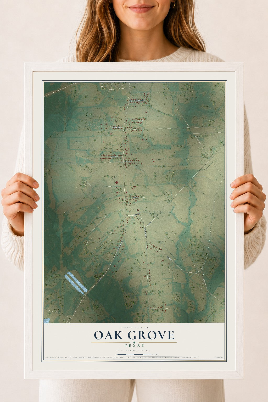 Map of Oak Grove, Texas, 18 x 24 inch print in a white wood frame