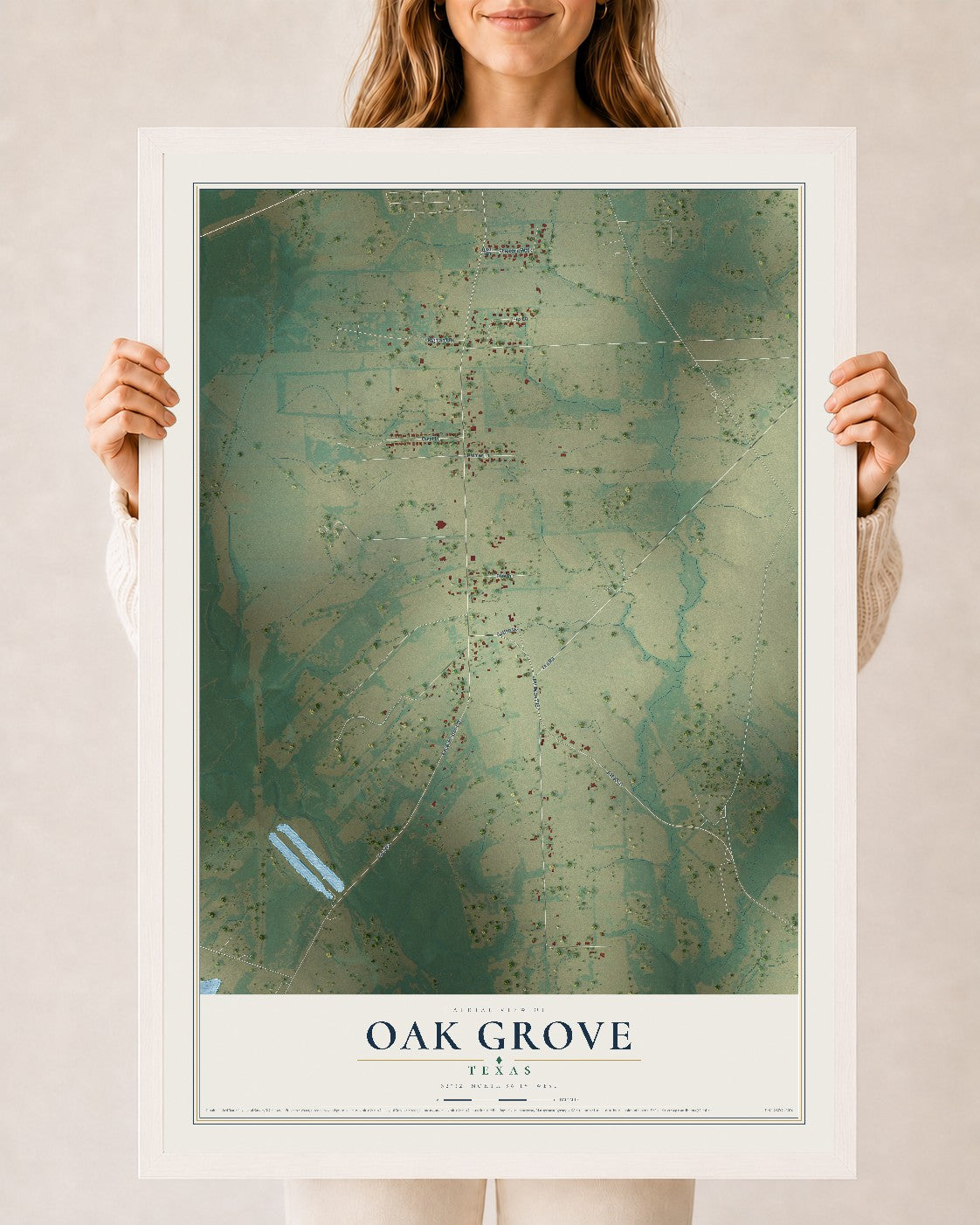 Map of Oak Grove, Texas, 24 x 36 inch print in a white wood frame