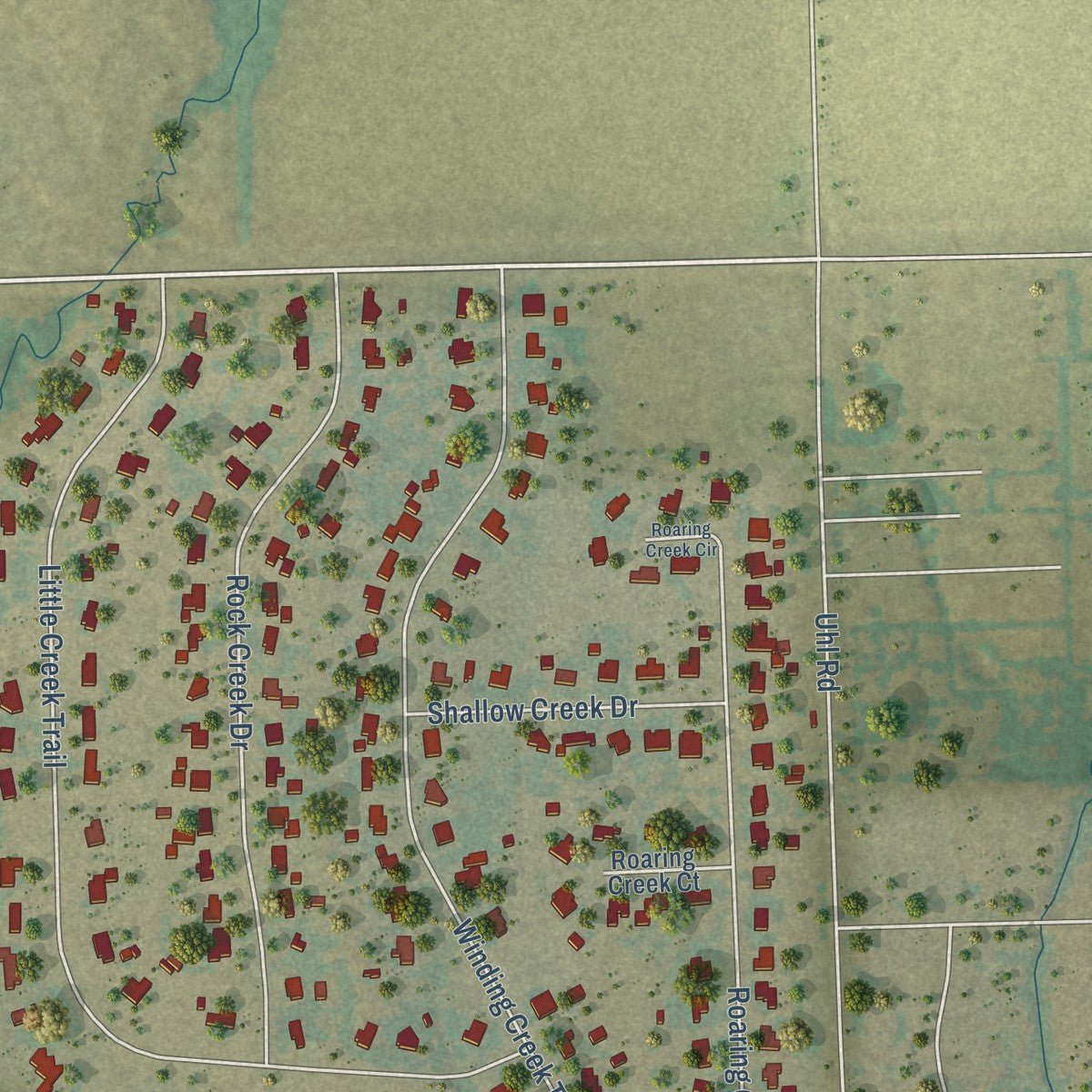 Close-up of the map of Oak Leaf, Texas print showing street and building detail