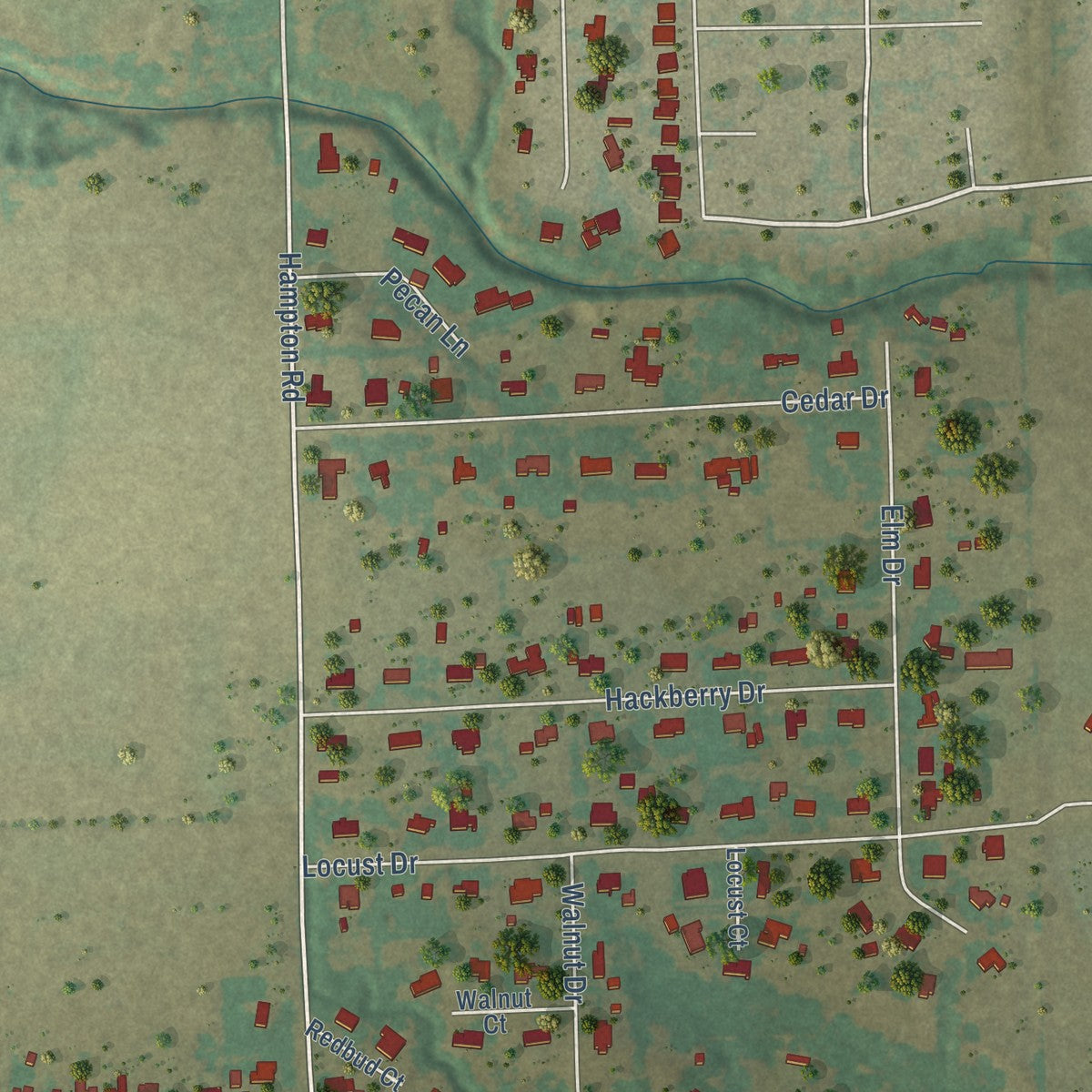 Second close-up of the map of Oak Leaf, Texas print showing more streets and buildings