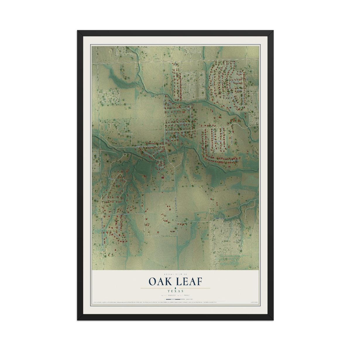 Map of Oak Leaf, Texas, 12 x 18 inch print in a black wood frame
