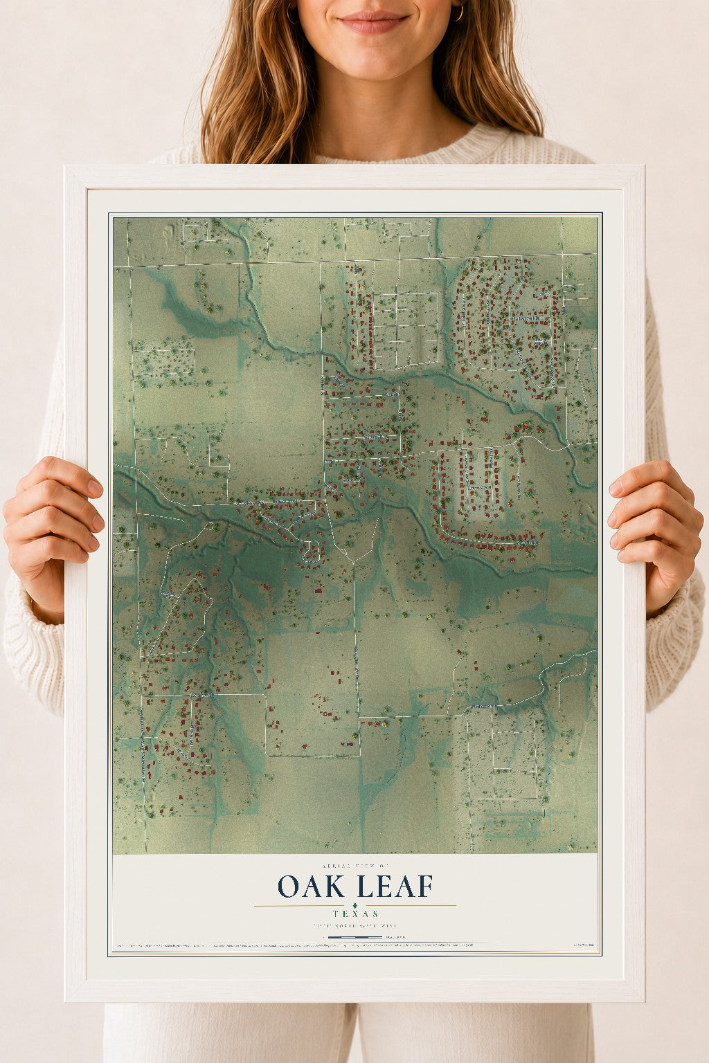 Map of Oak Leaf, Texas, 18 x 24 inch print in a white wood frame