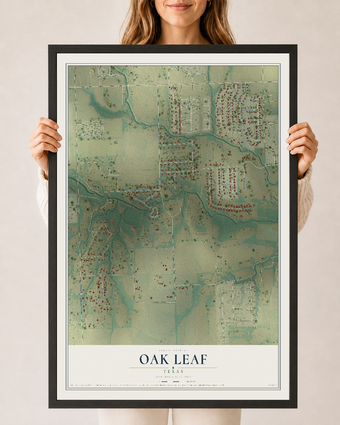 Map of Oak Leaf, Texas, 24 x 36 inch print in a black wood frame