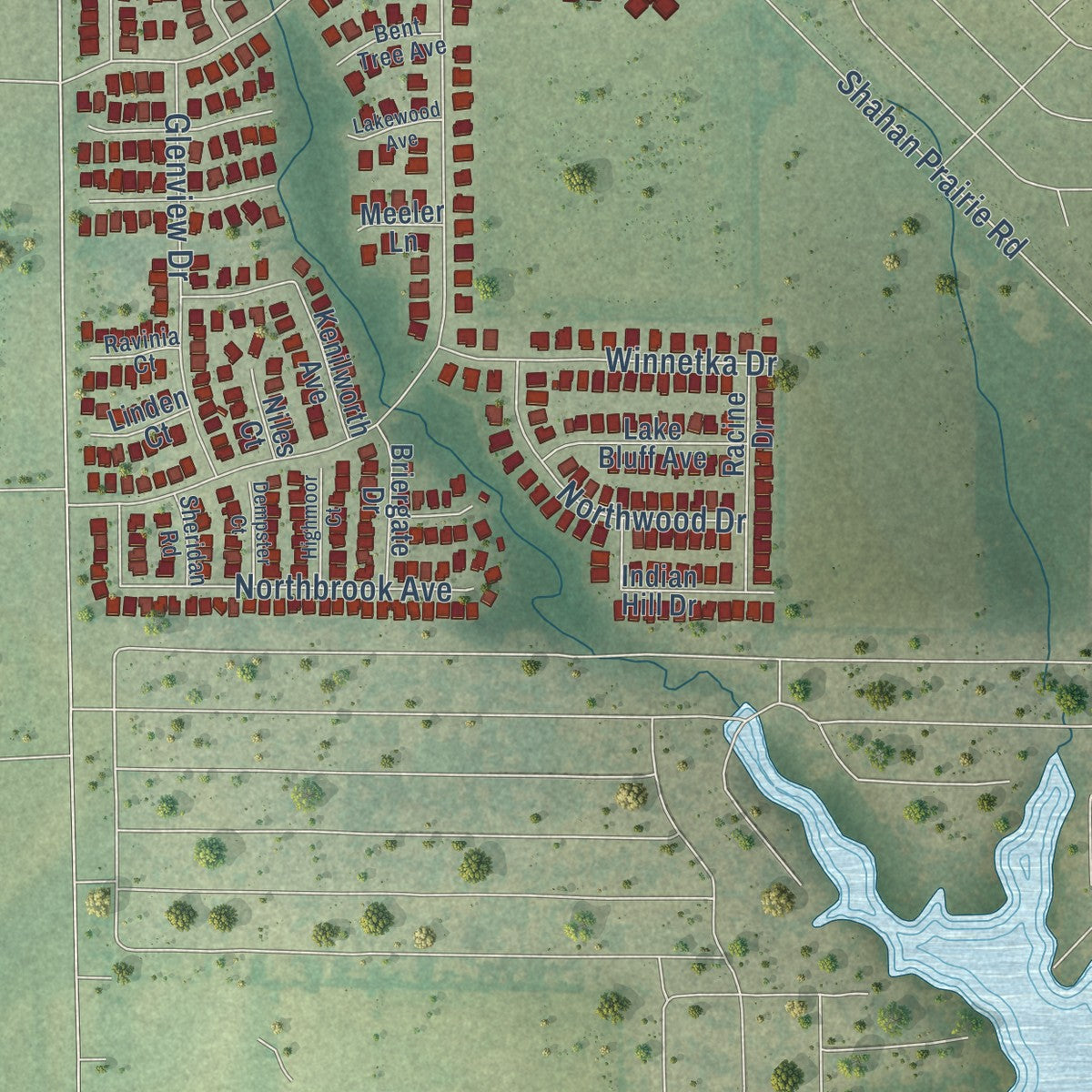 Second close-up of the map of Oak Point, Texas print showing more streets and buildings