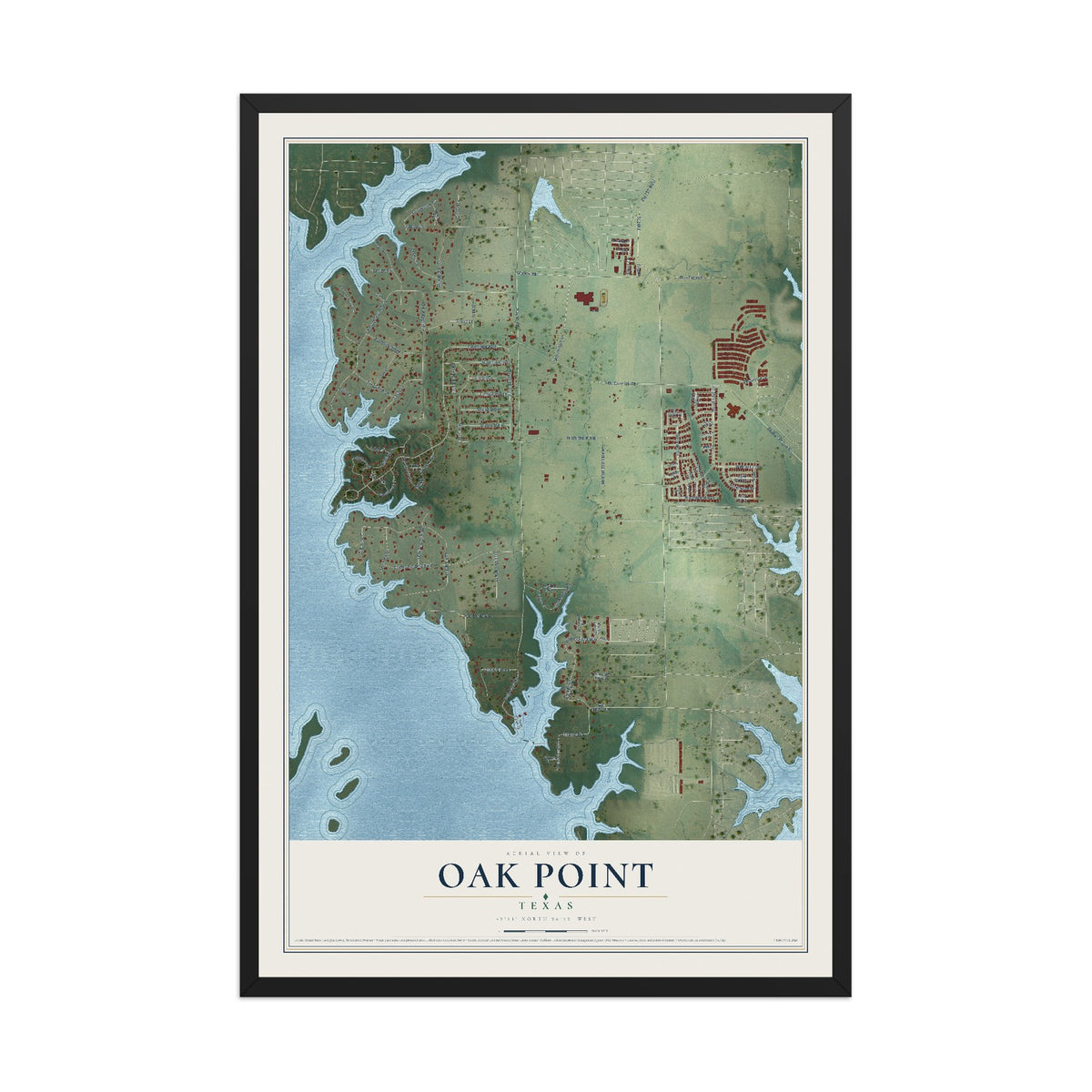 Map of Oak Point, Texas, 12 x 18 inch print in a black wood frame