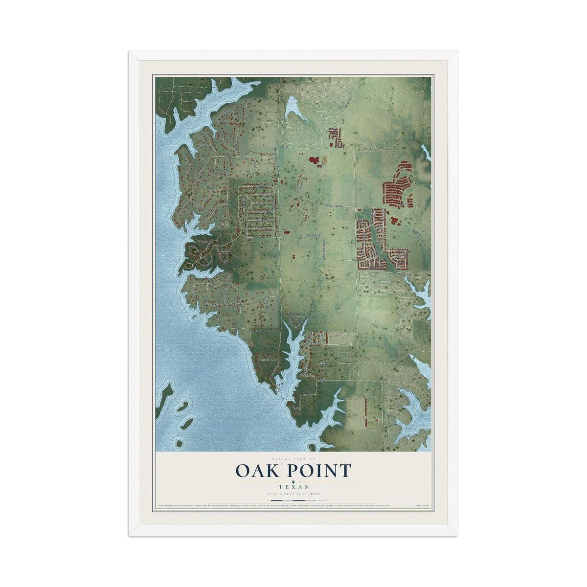 Map of Oak Point, Texas, 12 x 18 inch print in a white wood frame