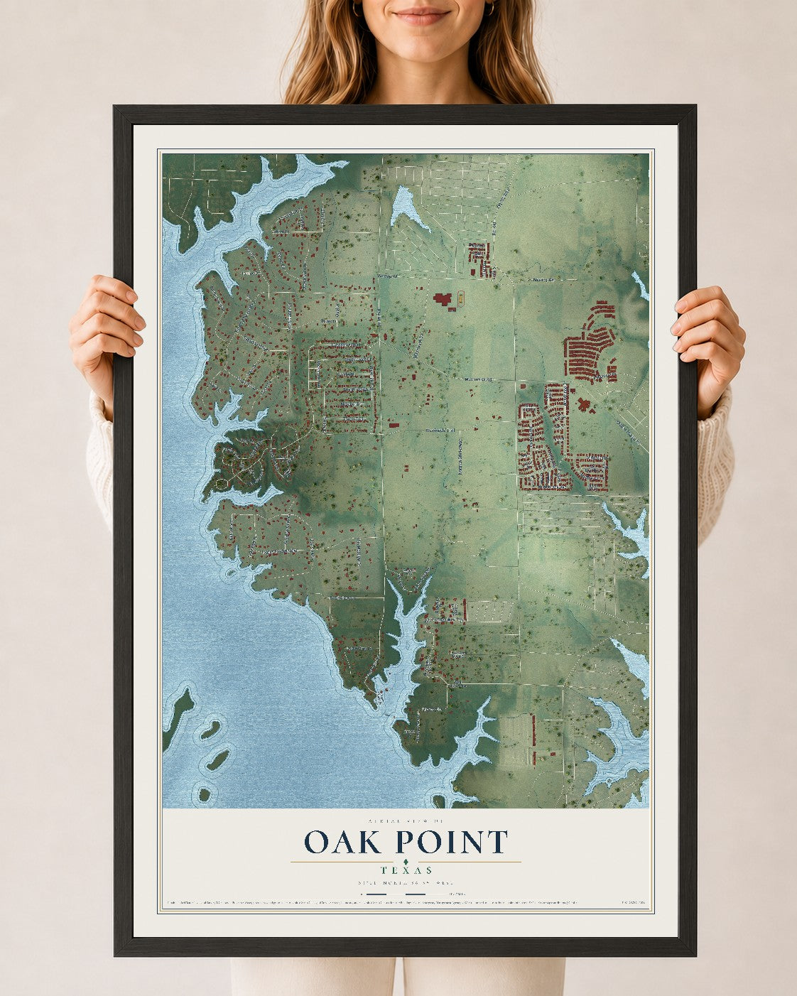 Map of Oak Point, Texas, 24 x 36 inch print in a black wood frame