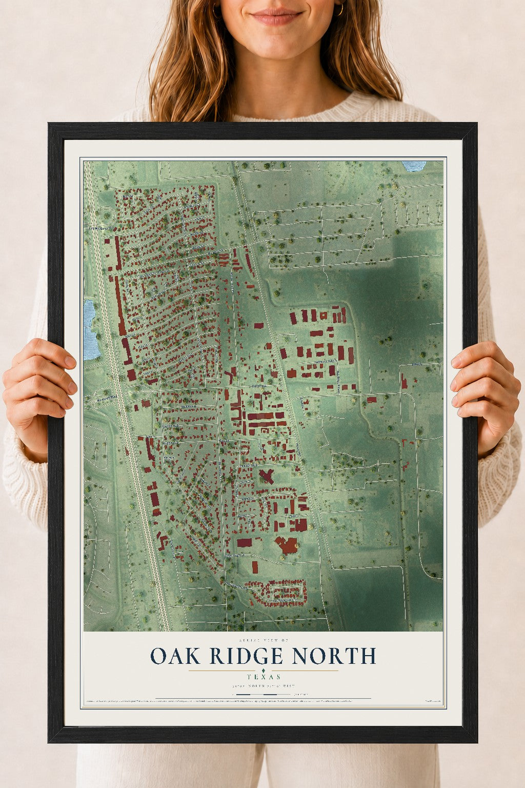 Map of Oak Ridge North, Texas, 18 x 24 inch print in a black wood frame
