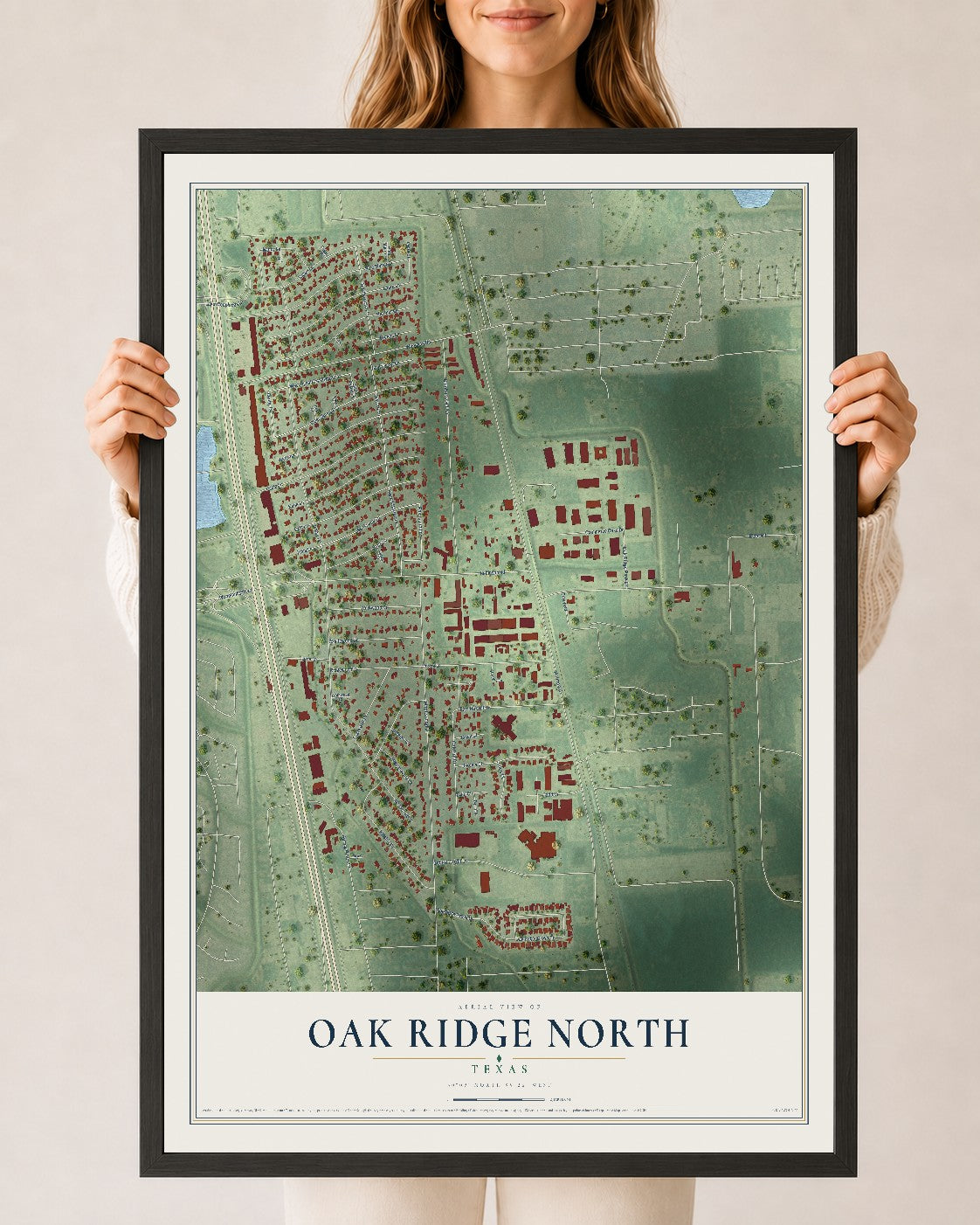 Map of Oak Ridge North, Texas, 24 x 36 inch print in a black wood frame