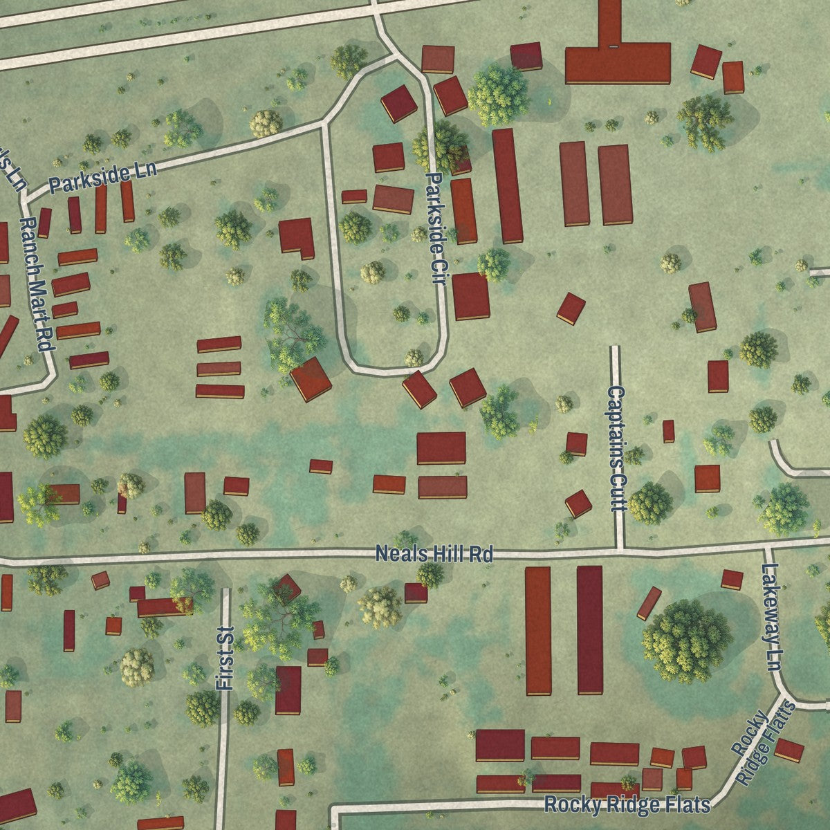 Close-up of the map of Oak Ridge, Cooke County, Texas print showing street and building detail