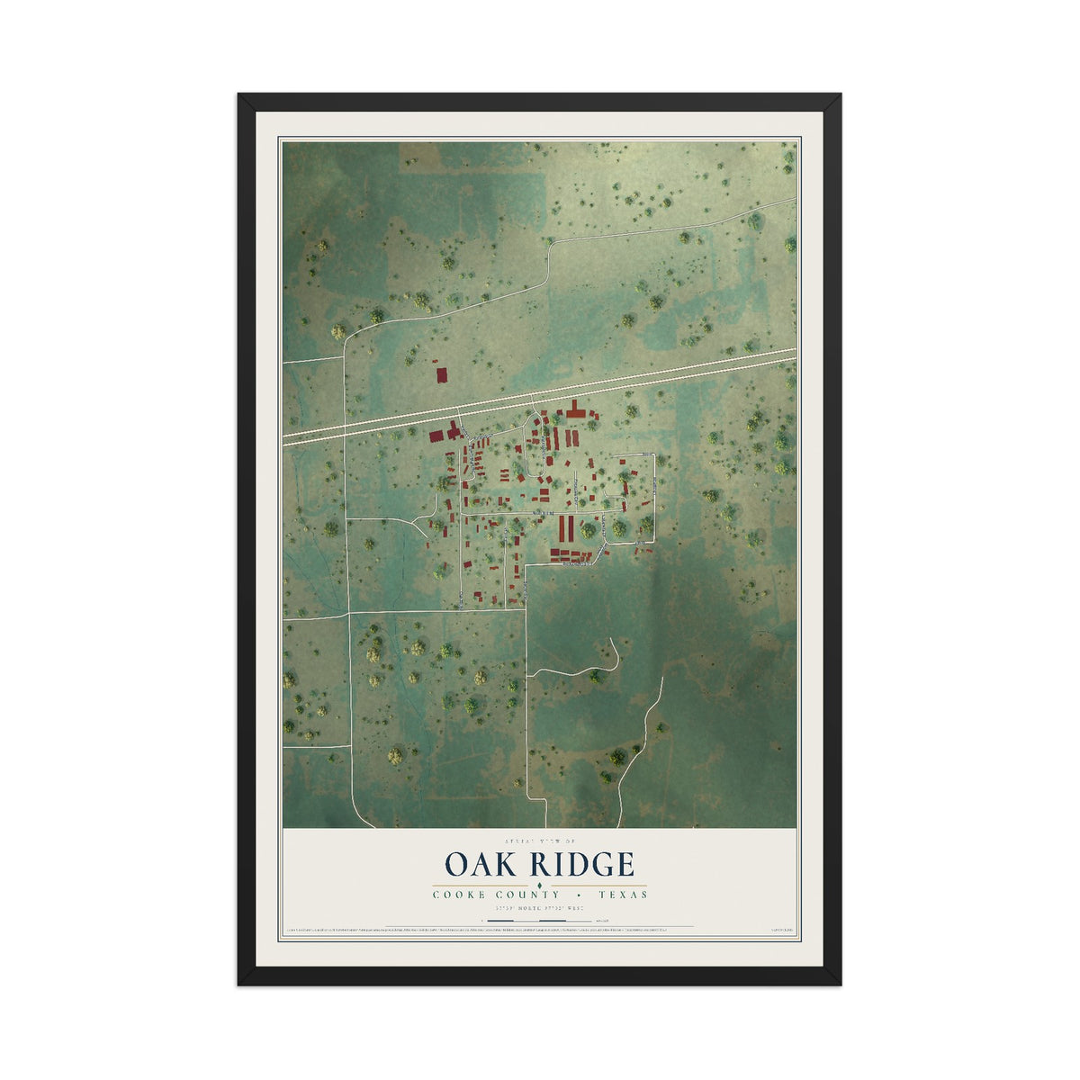 Map of Oak Ridge, Cooke County, Texas, 12 x 18 inch print in a black wood frame