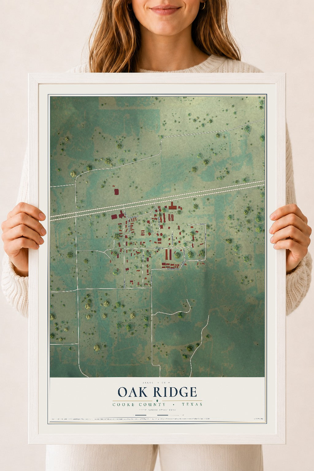 Map of Oak Ridge, Cooke County, Texas, 18 x 24 inch print in a white wood frame