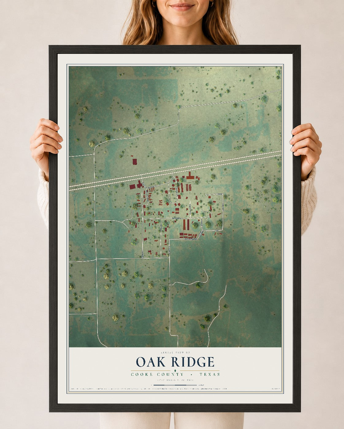 Map of Oak Ridge, Cooke County, Texas, 24 x 36 inch print in a black wood frame