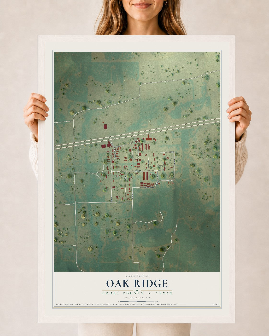 Map of Oak Ridge, Cooke County, Texas, 24 x 36 inch print in a white wood frame