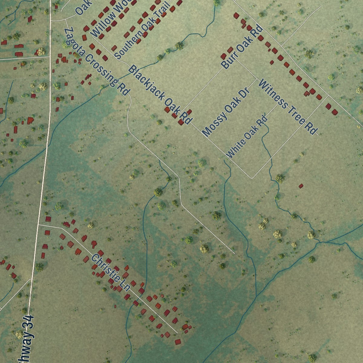 Second close-up of the map of Oak Ridge, Kaufman County, Texas print showing more streets and buildings