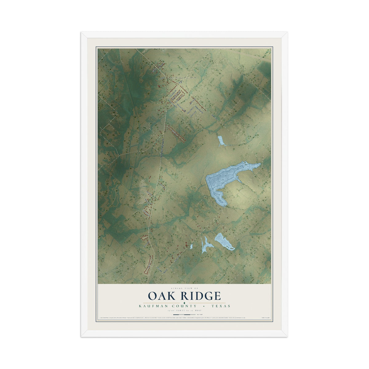 Map of Oak Ridge, Kaufman County, Texas, 12 x 18 inch print in a white wood frame
