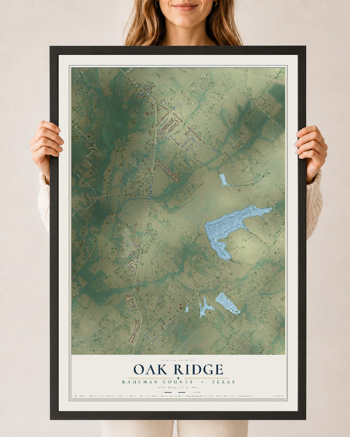 Map of Oak Ridge, Kaufman County, Texas, 24 x 36 inch print in a black wood frame