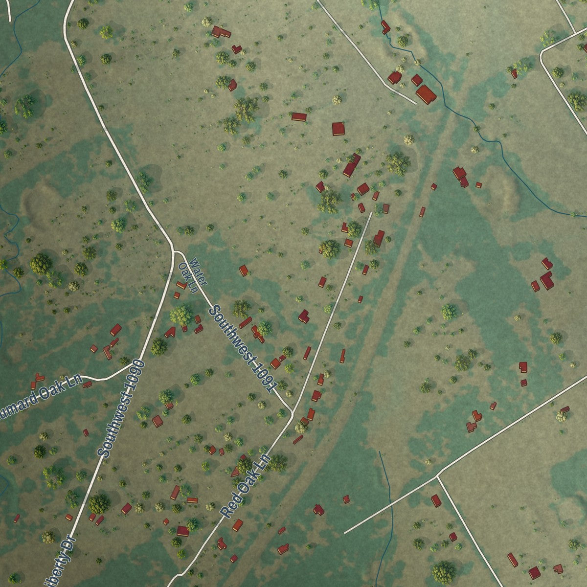 Close-up of the map of Oak Valley, Texas print showing street and building detail