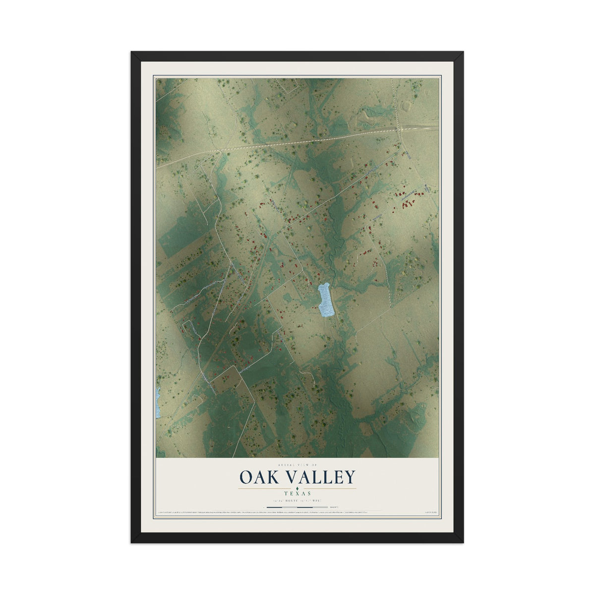 Map of Oak Valley, Texas, 12 x 18 inch print in a black wood frame