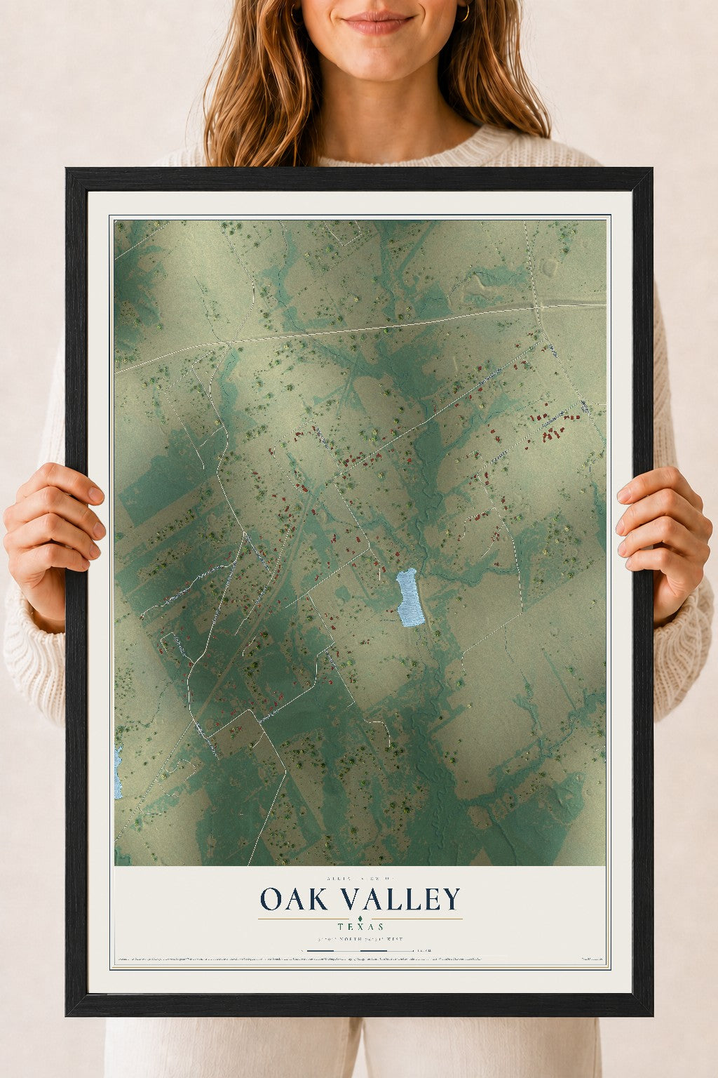 Map of Oak Valley, Texas, 18 x 24 inch print in a black wood frame