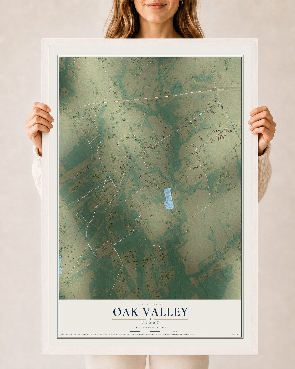 Map of Oak Valley, Texas, 24 x 36 inch print in a white wood frame
