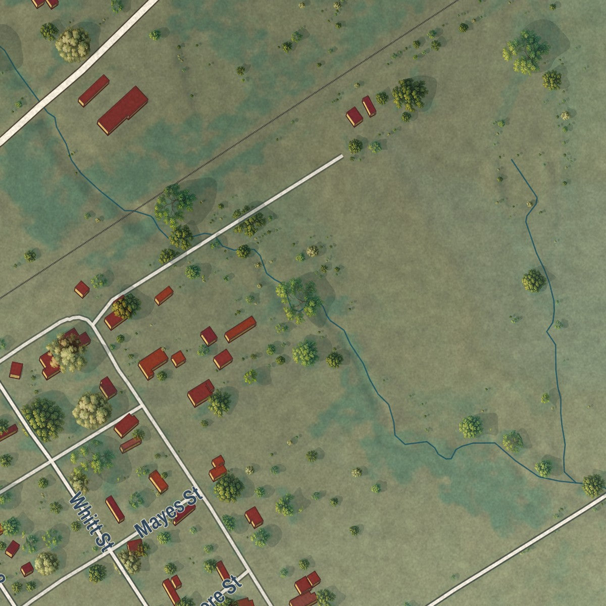 Second close-up of the map of Oakwood, Texas print showing more streets and buildings