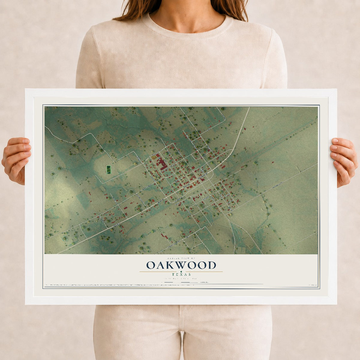 Map of Oakwood, Texas, 12 x 18 inch print in a white wood frame