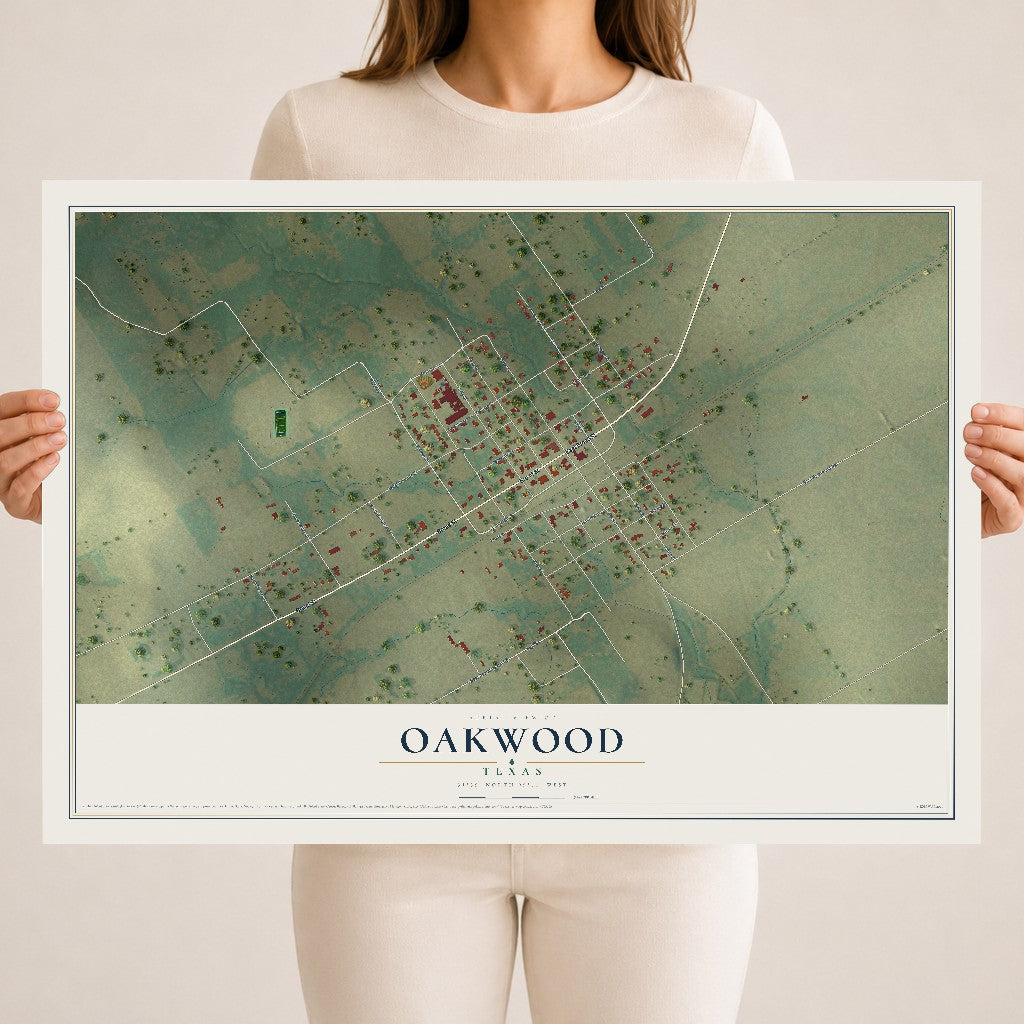 Map of Oakwood, Texas, 18 x 24 inch unframed archival matte print