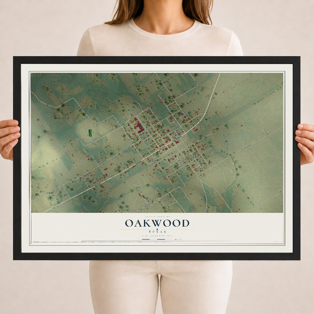 Map of Oakwood, Texas, 18 x 24 inch print in a black wood frame
