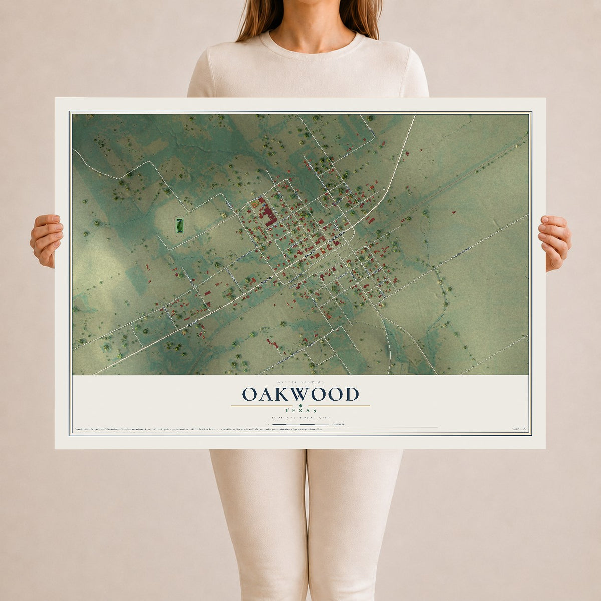 Map of Oakwood, Texas, 24 x 36 inch unframed archival matte print