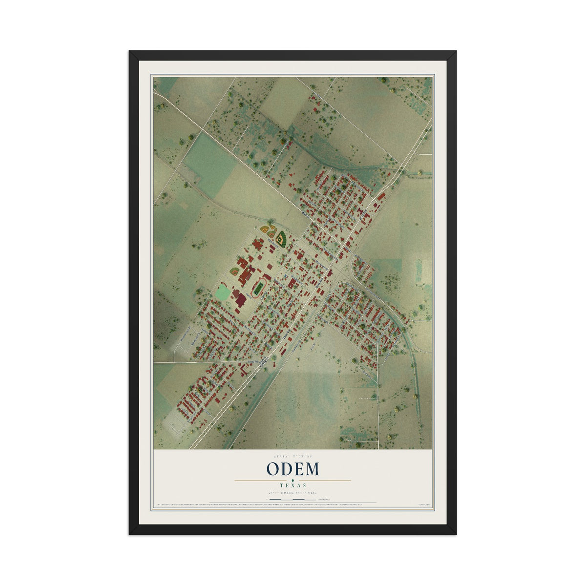 Map of Odem, Texas, 12 x 18 inch print in a black wood frame