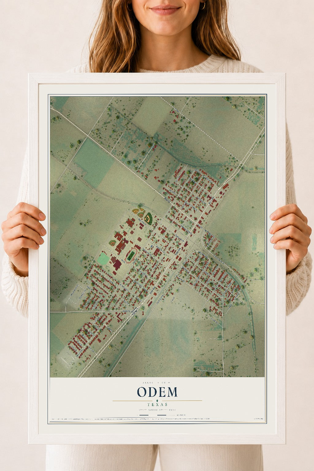 Map of Odem, Texas, 18 x 24 inch print in a white wood frame