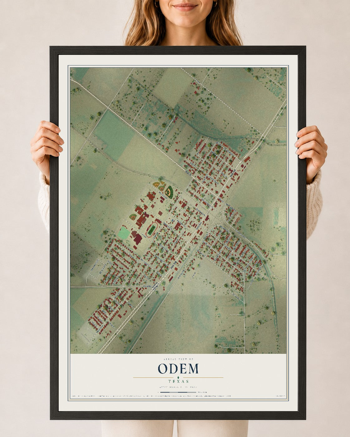 Map of Odem, Texas, 24 x 36 inch print in a black wood frame