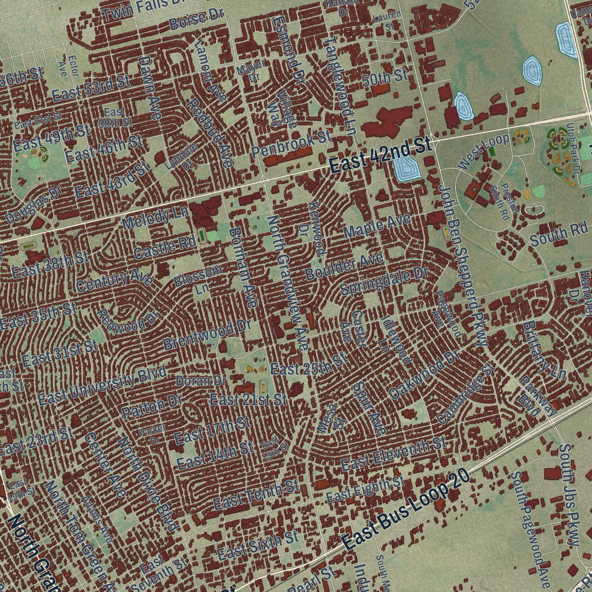 Close-up of the map of Odessa, Texas print showing street and building detail