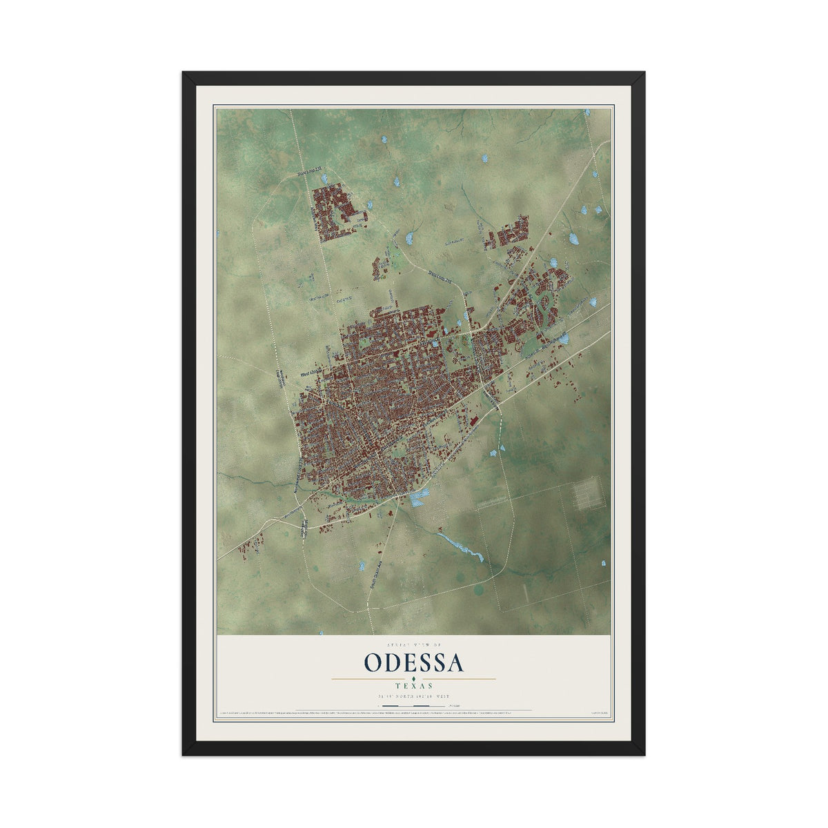 Map of Odessa, Texas, 12 x 18 inch print in a black wood frame